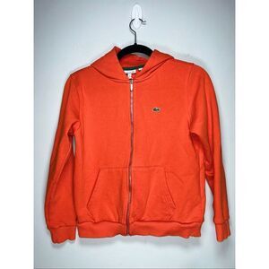 Lacoste Kids' Classic Full-Zip Fleece Hooded Sweatshirt in a bright orange color